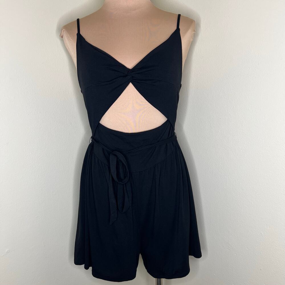 LOFT Romper Medium Womens Black Cut-Out Jersey Knit Twist V-Neck Belted Smocked